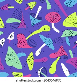 Seamless pattern of bright neon mushrooms scattered over the background. Pattern with mushrooms of different shapes. Design for baby fabric. Flat vector illustration.