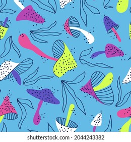 Seamless pattern of bright neon mushrooms and herbs scattered over the background. Pattern with mushrooms of various shapes and blades of grass. Design for baby fabric. Flat vector illustration.