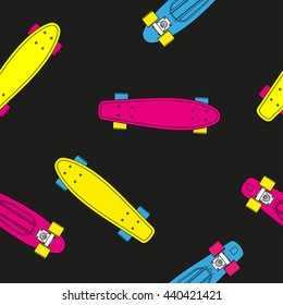 seamless pattern with bright neon penny board for boy and girl