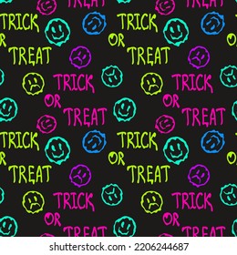 Seamless pattern with a bright neon quote Trick or Treat and leaked smiley on dark  background for halloween.