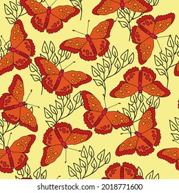 Patrón sin fisuras de mariposas de color naranja brillante y ramitas de doodle de contorno suave sobre una ilustración vectorial de fondo amarillo