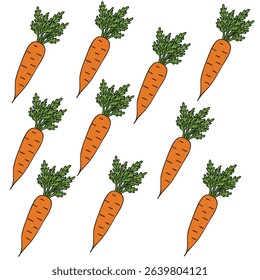 Seamless Pattern of Bright Orange Carrots with Green Tops