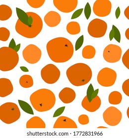 seamless pattern with bright orange citruses on a white background. ripe oranges, tangerines and leaves. modern abstract design for packaging, print for clothes, fabric