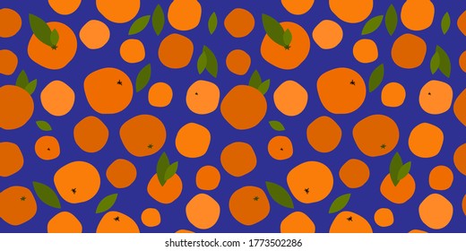 seamless pattern with bright orange citruses on a blue background. ripe oranges, tangerines and leaves. modern abstract design for packaging, print for clothes, fabric