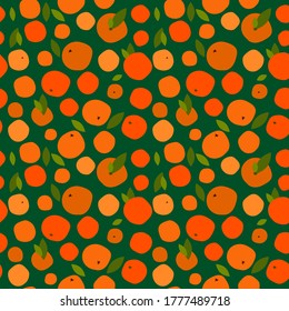 seamless pattern with bright orange citruses on a dark green background. ripe oranges, tangerines and leaves. abstract design for packaging, print for clothes, fabric