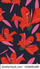 Patrón transparente de flores naranja brillante "Orquídea de Hong Kong" sobre fondo azul oscuro, diseño simple de ambiente de verano