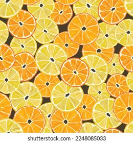 Seamless pattern with bright orange and lemon slices. Colorful summer background for textile design, greeting cards and wallpapers. Hand draw vector illustration