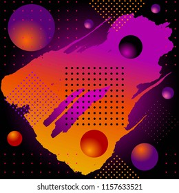 Seamless pattern. Bright orange, purple, yellow brush stroke, 3d balls and dots on a black background.