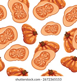 seamless pattern with bright orange round pumpkins hiding behind halves of a cut pumpkin with white seeds inside, for autumn designs or patterns and packaging