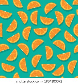 Seamless pattern with bright orange slices on a green background. Vector illustration.