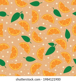 Seamless pattern with bright orange slices and leaves on an orange background with white dots. Vector illustration.