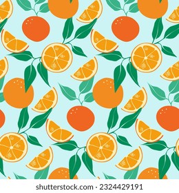 Seamless pattern with bright oranges and leaves. Slices of orange, mandarin and clementine. Citrus pattern on a blue background. Vector illustration in a flat style.