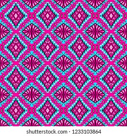 Seamless pattern. Bright ornament of hand-drawn rhombuses. Print for textiles in pink green colors. Vector illustration.