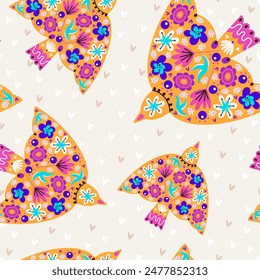 Seamless pattern with bright ornate birds in folk style. Cartoon birds for wrapping paper, cover, fabrics.