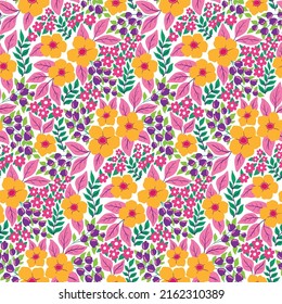 Seamless pattern with bright ornate meadow, ornamental plants. Modern floral print, trendy botanical background design with hand drawn wild flowers, leaves, herbs on white field. Vector illustration.