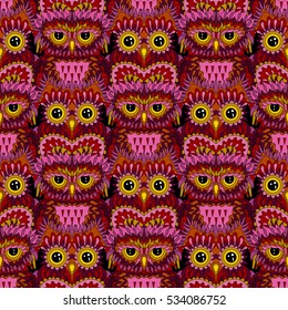 Seamless pattern with bright owls. Cartoon style birds. Tile texture for scrapbook paper, wrapping or web. Vector