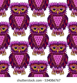 Seamless pattern with bright owls. Cartoon style birds. Tile texture for scrapbook paper, wrapping or web. Vector