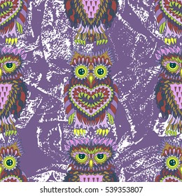 Seamless pattern with bright owls. Cartoon style birds. Tile texture for scrapbook paper, wrapping or web. Vector