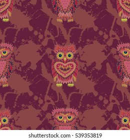 Seamless pattern with bright owls. Cartoon style birds. Tile texture for scrapbook paper, wrapping or web. Vector