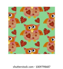Seamless pattern with bright owls with imitation of seams and patches