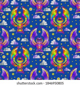 Seamless pattern with bright owls, stars and clouds on a  blue night sky background