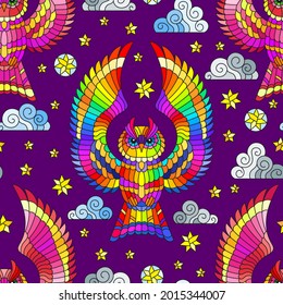 Seamless pattern with bright owls, stars and clouds on a dark purple night sky background