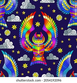 Seamless pattern with bright owls, stars and clouds on a blue night sky background