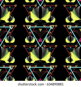 Seamless pattern with bright palm leaves and colorful triangles on black background