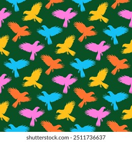 Seamless pattern with bright parrots in flight on green backdrop. Vector background in retro style