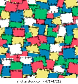 Seamless pattern with bright patches. Background for kid textile, pajama, paper print, card and other design. Hand drawn vector illustration. Sewing theme.