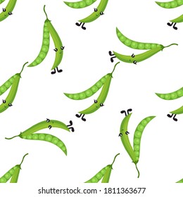 Seamless pattern with bright pea pods with eyes and legs on a white background. Print for bed linen and fabrics, wrapping paper and wallpaper.
 Stock vector illustration for decoration and design.