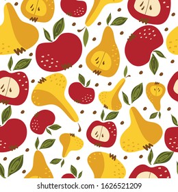seamless pattern with bright pear and apple. Vector, illustration.