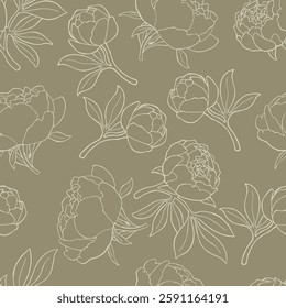 Seamless pattern with bright peonies on an olive green background.