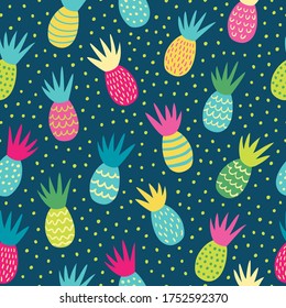 Seamless pattern with bright pineapples on a blue background.