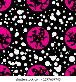 Seamless pattern of bright pink big dots and white small dots. Vector design. Pastel polka dot pattern on the black background. 