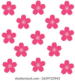 Seamless Pattern of Bright Pink Cherry Blossom Flowers on a Clean White Background