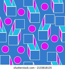Seamless pattern of bright pink circles, rectangles and squares on a blue background for textile.