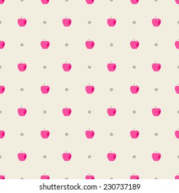 Seamless pattern. Bright pink, cream, gray colors. Illustration of sweet apples on polka dot background. Also for printing on paper and fabric. 