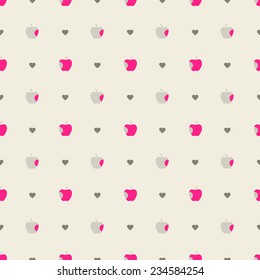 Seamless pattern. Bright pink, cream, gray colors. Illustration of sweet apples on heart shaped background. Also for printing on paper and fabric. 