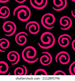 Seamless pattern with bright pink curls on black background. Vector design for textile, backgrounds, clothes, wrapping paper, fabric and wallpaper. Fashion illustration seamless pattern.
