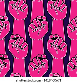 Seamless pattern with bright pink female clenched fists raised up isolated on blue background. Gender equality, women's rights, girl power vector wallpaper.