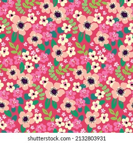 Seamless pattern with bright pink flower field. Positive floral print with small pink flowers, leaves in the meadow. Girls botanical background, floral surface with cute hand drawn flowers. Vector.