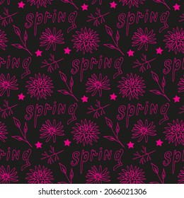 Seamless pattern with bright pink flowers and branches on black background. Vector image. 
