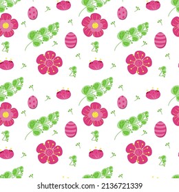 Seamless pattern of bright pink flowers and eggs, hand-painted elements. Easter. Spring. Flowers and colorful eggs. Vector in cartoon style. Flowers, buds and leaves on white background.