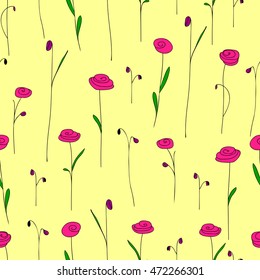 Seamless pattern with bright pink flowers. Yellow background with stylized doodle roses. Elegant template for fashion print.Vector illustration.Cute vintage floral backdrop for summer or spring design