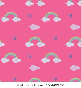 seamless pattern bright pink fuchsia colorful rainbow weather figure drops rain clouds sky vector gift fun kids background