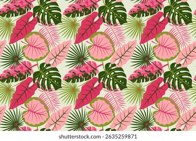 Seamless Pattern with Bright Pink and Green Jungle Leaves, Exotic Tropical Plants, Floral Background for Summer, Nature, Vacation, Fabric, Wallpaper, Textile, Creative Projects, Botanical Design