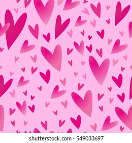 Seamless pattern of bright pink hearts on a pale pink background. Vector stock.