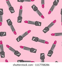 Seamless pattern with bright pink lipsticks on pastel pink background. Hand drawn vector illustration.