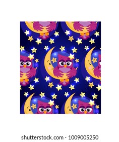 Seamless pattern with a bright pink owl hanging on the moon among the stars